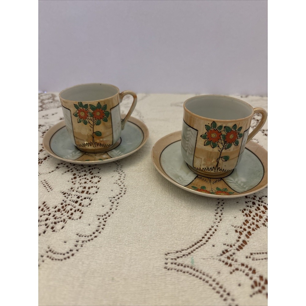Vintage Made in Japan Lusterware Demitasse Cup and Saucer Set Floral‎ 4pc Peach